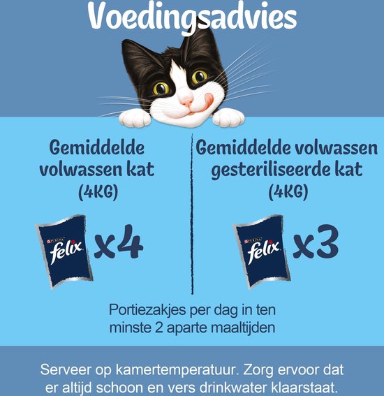 Voedingsadvies voor katten met Felix, inclusief porties voor volwassen en gesteriliseerde katten.