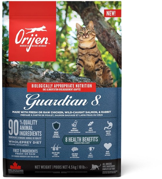 Orijen Guardian 8 Cat Kip&Kalkoen&Zalm - Kattenvoer - 4.5 kg verpakking met afbeelding van kat in bomen.