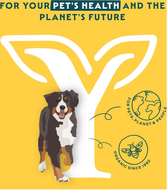 Yarrah Dog Biologische Brokken Kip 10 kg logo met hond, benadrukt gezondheid van huisdieren en milieu.