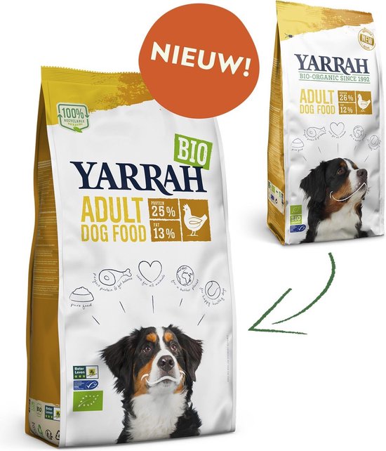 Yarrah Dog Biologische Brokken Kip 10 kg verpakt in duurzame en biologische verpakking met gezonde ingrediënten.