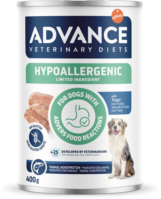 Advance veterinary diet dog hypoallergenic trout blik 400g voor honden met voedselovergevoeligheid.