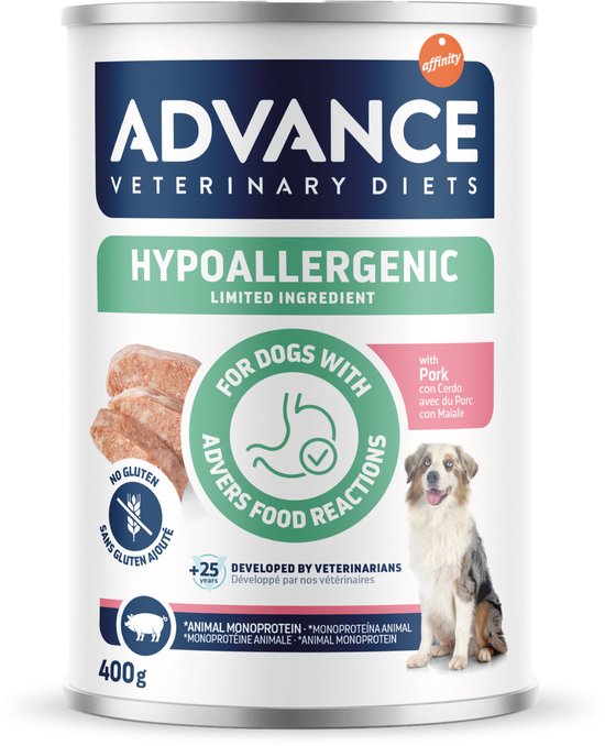 Advance Veterinary Diet Dog Hypoallergenic Pork 6X400 gr, natvoeding voor honden met voedselovergevoeligheid.