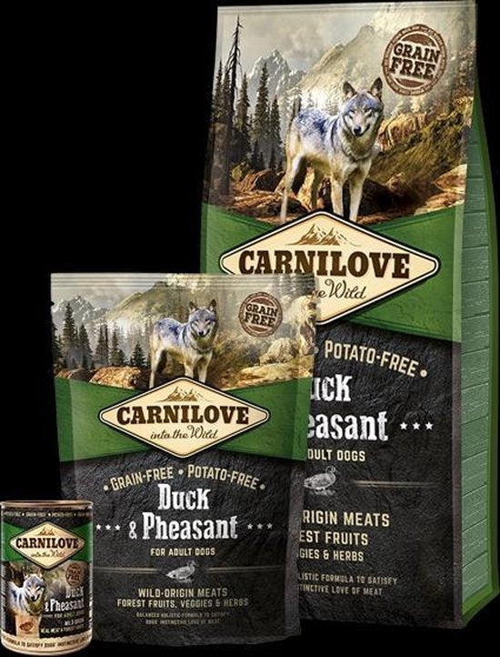 Carnilove Hondenvoer graanvrij Duck en Pheasant Adult 12 kg met verpakking en ingrediënten.