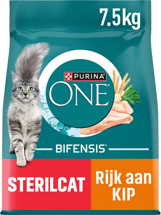 PURINA ONE Sterilcat - Kattenbrokjes - Kip & Tarwe - 7.5 kg verpakking met kat