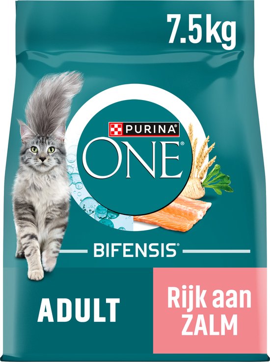 PURINA ONE Adult Kattenbrokjes Zalm & Volkoren Granen 7.5 kg verpakking met katten afbeelding.