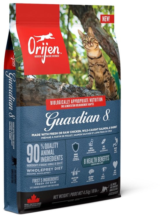 Orijen Guardian 8 Cat Kip&Kalkoen&Zalm - Kattenvoer - 4.5 kg verpakking met kat en natuurlijke ingrediënten.