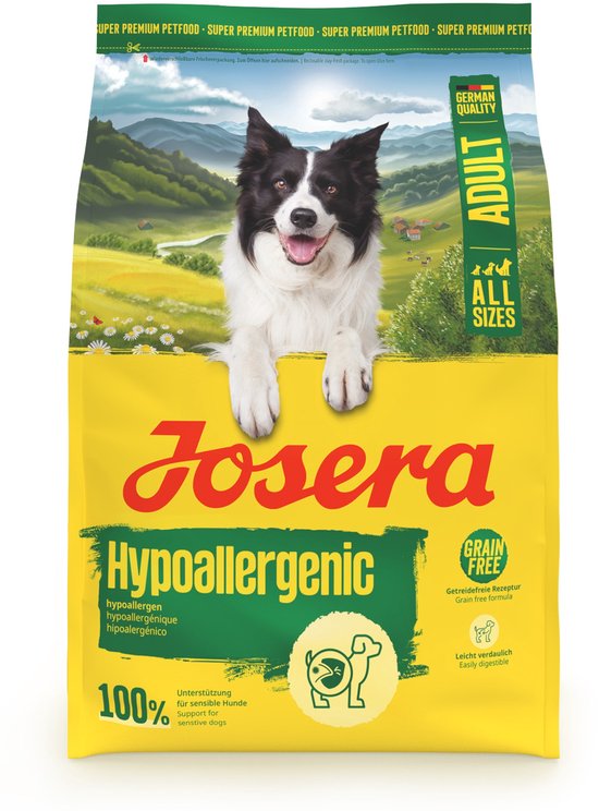 Josera Hondenvoer All Sizes Adult Hypoallergenic 3 kg verpakking met een hond en groene achtergrond.