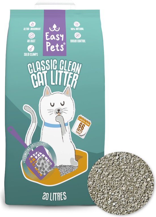 Easypets Classic Clean 20 ltr kattenbakvulling met absorberende en klontvormende eigenschappen, ideaal voor een hygiënische kattenbak.