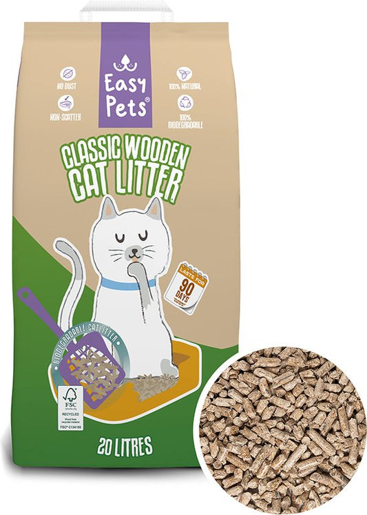 Easypets Houtkorrel Kattenbakvulling 20L - Biologisch Afbreekbare Houtkorrels verpakking met afbeelding van kat en houtkorrels.