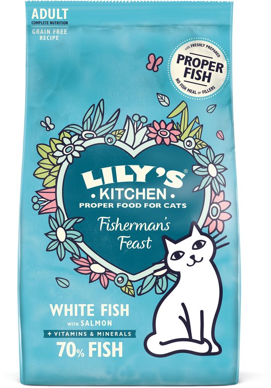 Lily's Kitchen kattenvoer Fisherman's Feast Fish 2 kg verpakking met zalm en witvis op een kleurrijke achtergrond.