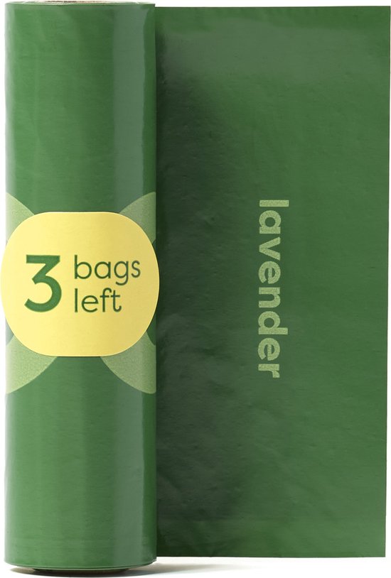 Gerecycleerde poepzakjes lavendel rol met label 3 bags left, ideaal voor hygienisch gebruik.