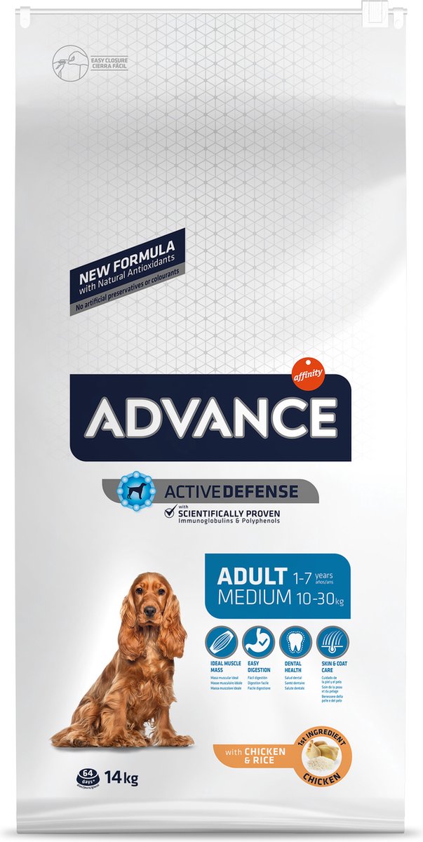 Advance Medium Adult Hondenvoer 14 kg verpakking met actieve verdediging voor middelgrote honden.
