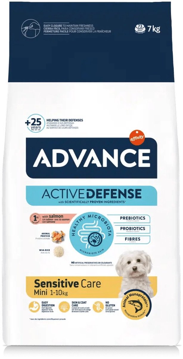 Advance Mini Sensitive hondenvoer 7 kg verpakking met unieke formule voor kleine honden.