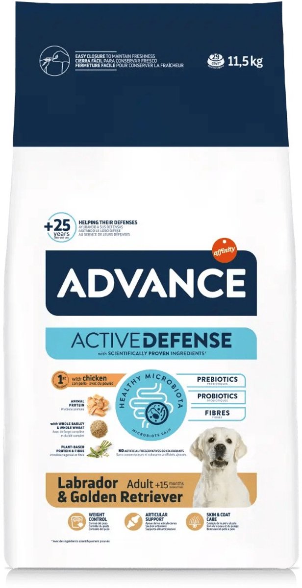 Advance adult labrador retriever hondenvoer in 11,5 kg zak met actieve ingrediënten voor volwassen honden.