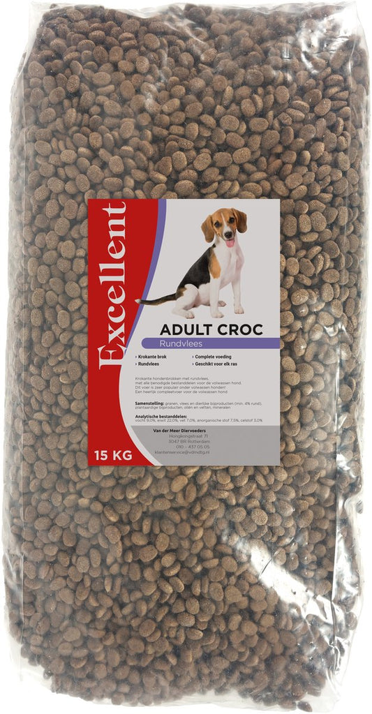 Excellent adult croc 15 kg krokante brok hondenvoer verpakking met hondenbrokken.