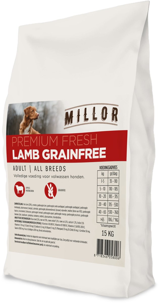 Millor premium fresh adult lamb graanvrij hondenvoeding in 15 kg verpakking met lam en graanvrije formule.