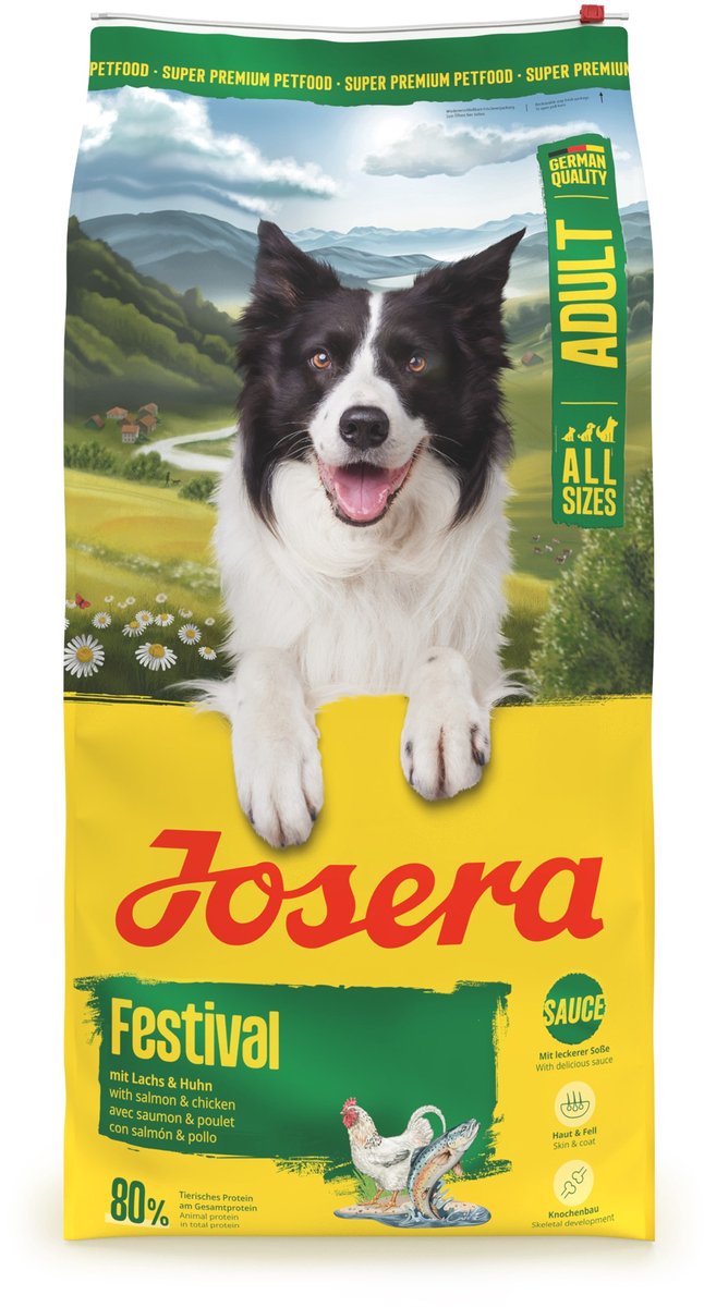 Josera Hondenvoer All Sizes Adult Festival 12.5 kg verpakking met een blije hond op de voorkant.