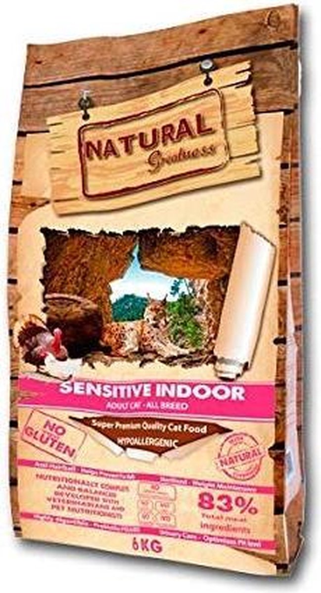 Natural Greatness Sensitive Indoor 2 kg kattenvoer, hypoallergeen, geschikt voor alle kattenrassen met hoog vleespercentage.