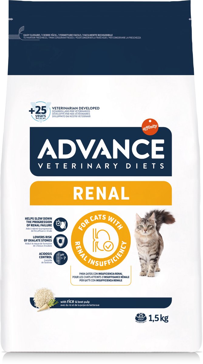 Advance Veterinary Diet Cat - Renal - Kattenvoer verpakking met afbeelding van kat en logo. Geschikt voor katten met nierinsufficientie.