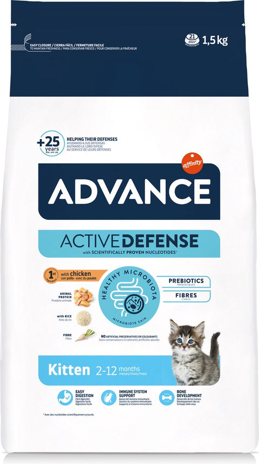 Advance Cat Kitten Kip en Rice 1.5 kg verpakking voor kittenvoeding met ingrediënten en gezondheidsvoordelen.
