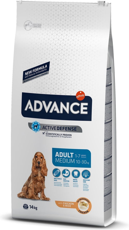 Advance Medium Adult Hondenvoer 14 kg verpakking met kip en rijst voor volwassen honden van middelgrote rassen.