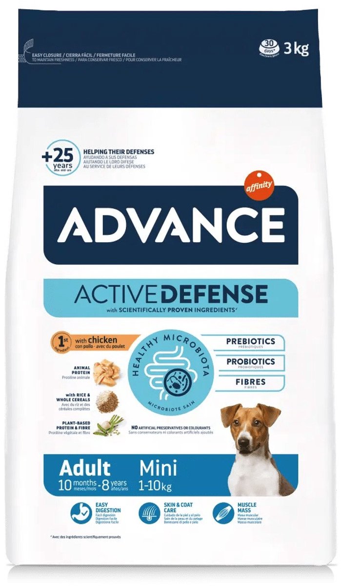 Advance - Mini Adult - Hondenvoer verpakking met actieve ingrediënten voor gezonde honden.