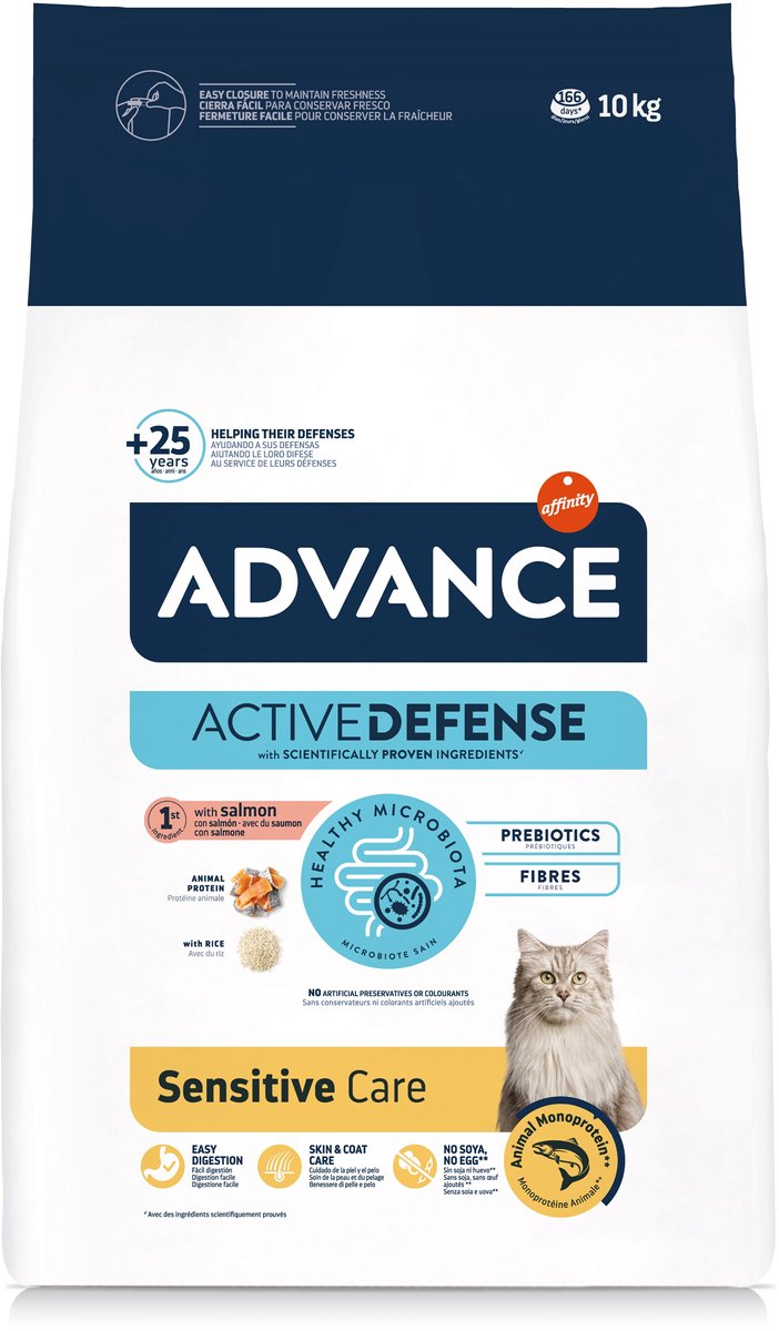 Advance Sensitive Salmon Kattenvoer 10 kg verpakking met informatie over gezondheid en gevoelige zorg voor katten.