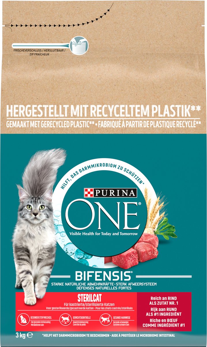 Purina ONE Sterilcat Kattenvoer Droogvoer Rund & Tarwe 3 kg verpakking met kat