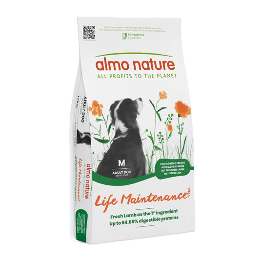 Almo Nature Life Maintenance Complete hondenvoer voor volwassen honden met vers lam als hoofdingrediënt.