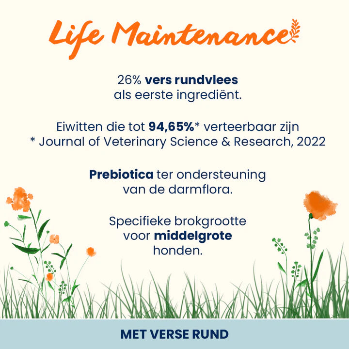 Almo Nature Life Maintenance Complete hondenvoer voor volwassen honden met 26% vers rundvlees als eerste ingrediënt.