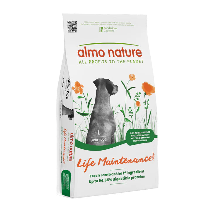Almo Nature Life Maintenance Complete hondenvoer voor volwassen honden, verpakking met vers lamsvlees als hoofdingrediënt.