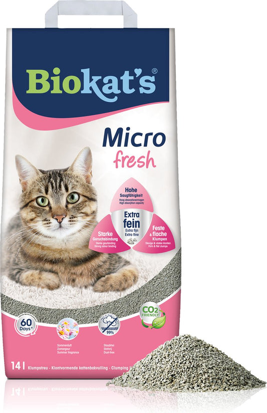 Biokat's Micro Fresh Kattenbakvulling - Klontvormende - Zomergeur met kattenillustratie en korrels op de achtergrond.