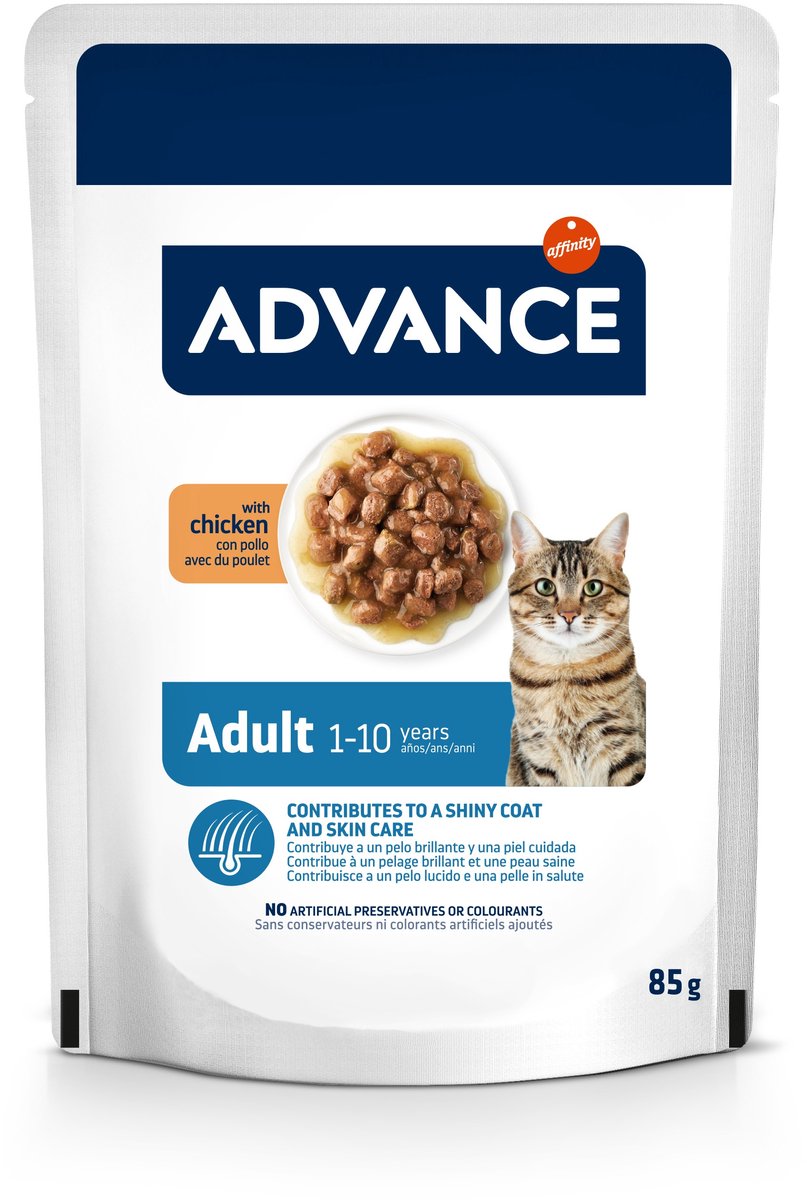 Advance Kat Adult Kip 12X85 gr, natvoeding voor volwassen katten met kip, ondersteuning voor huid en vacht.