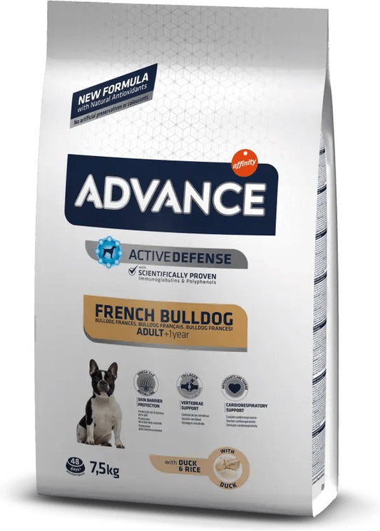 Advance Adult French Bulldog 7.5 kg hondenvoer verpakking voor Franse bulldogs met actieve verdediging.