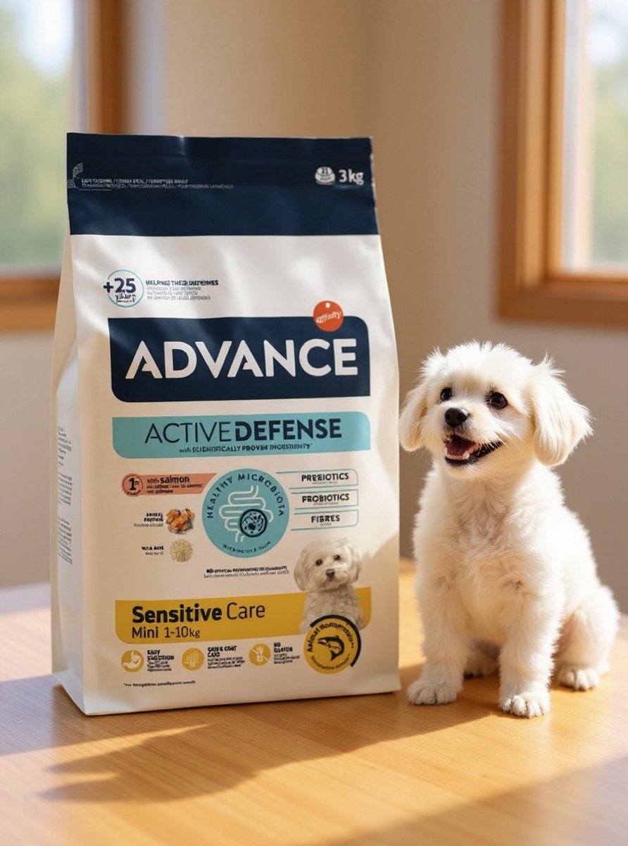 Advance Mini Sensitive hondenvoer 7 kg met een vrolijke hond in de buurt.