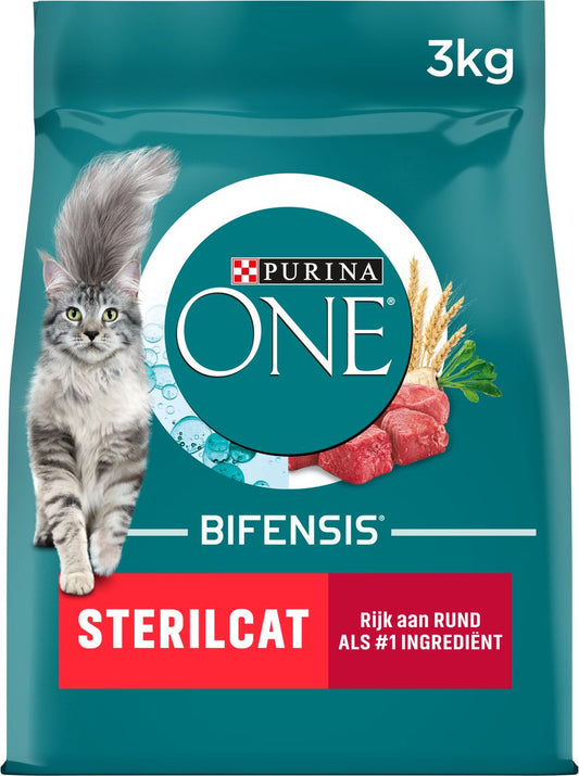 Purina ONE Sterilcat Kattenvoer Droogvoer Rund & Tarwe 3 kg verpakking met kat en rundvlees afbeelding