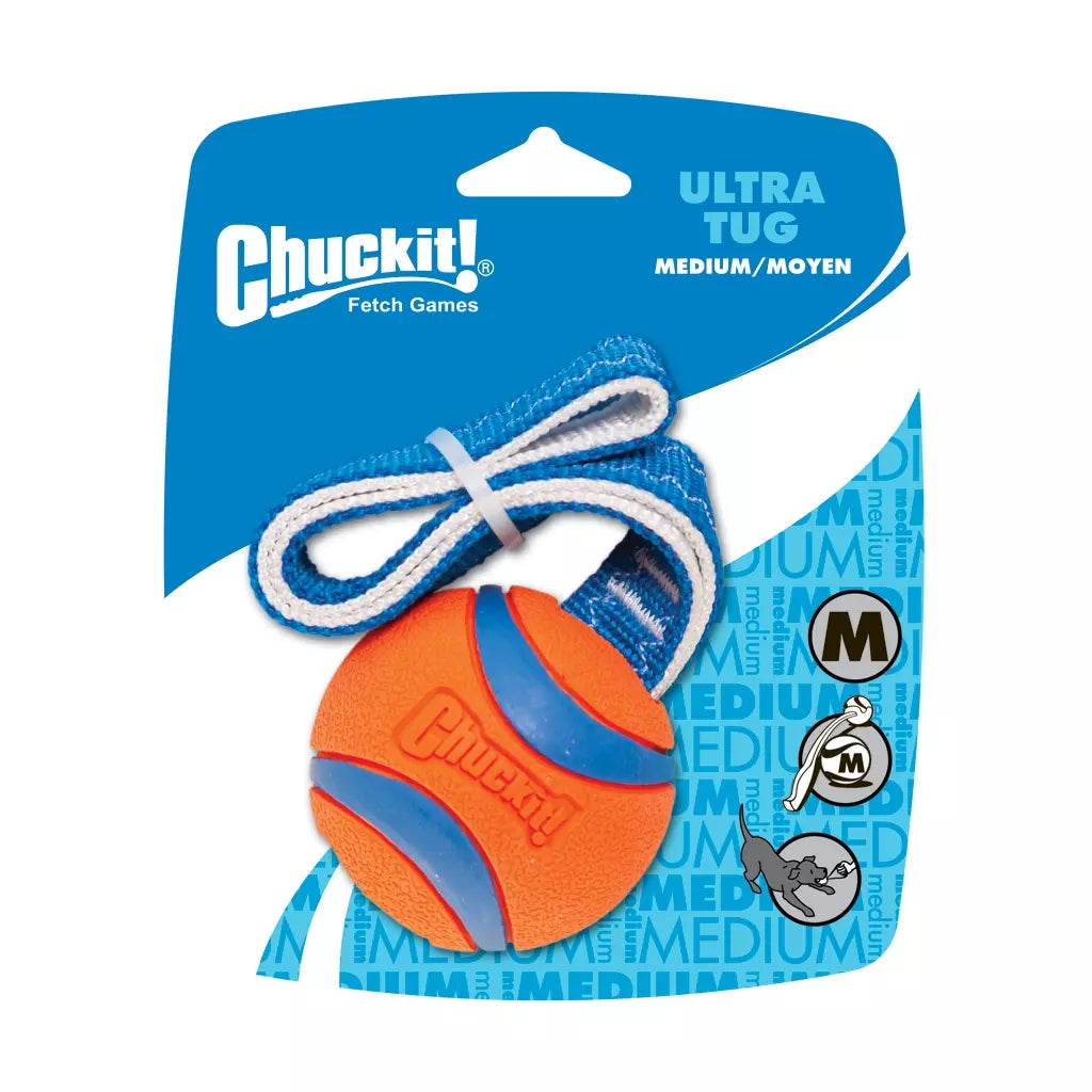 Chuckit Ultra Tug speelgoed met een oranje tennisbal en blauw trekkoord, ideaal voor het spelen met honden.