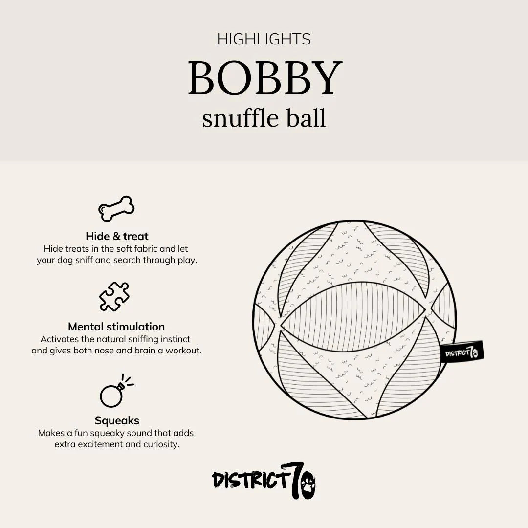 De BOBBY snuffelbal met verstopte traktaties en mentale stimulatie voor honden.