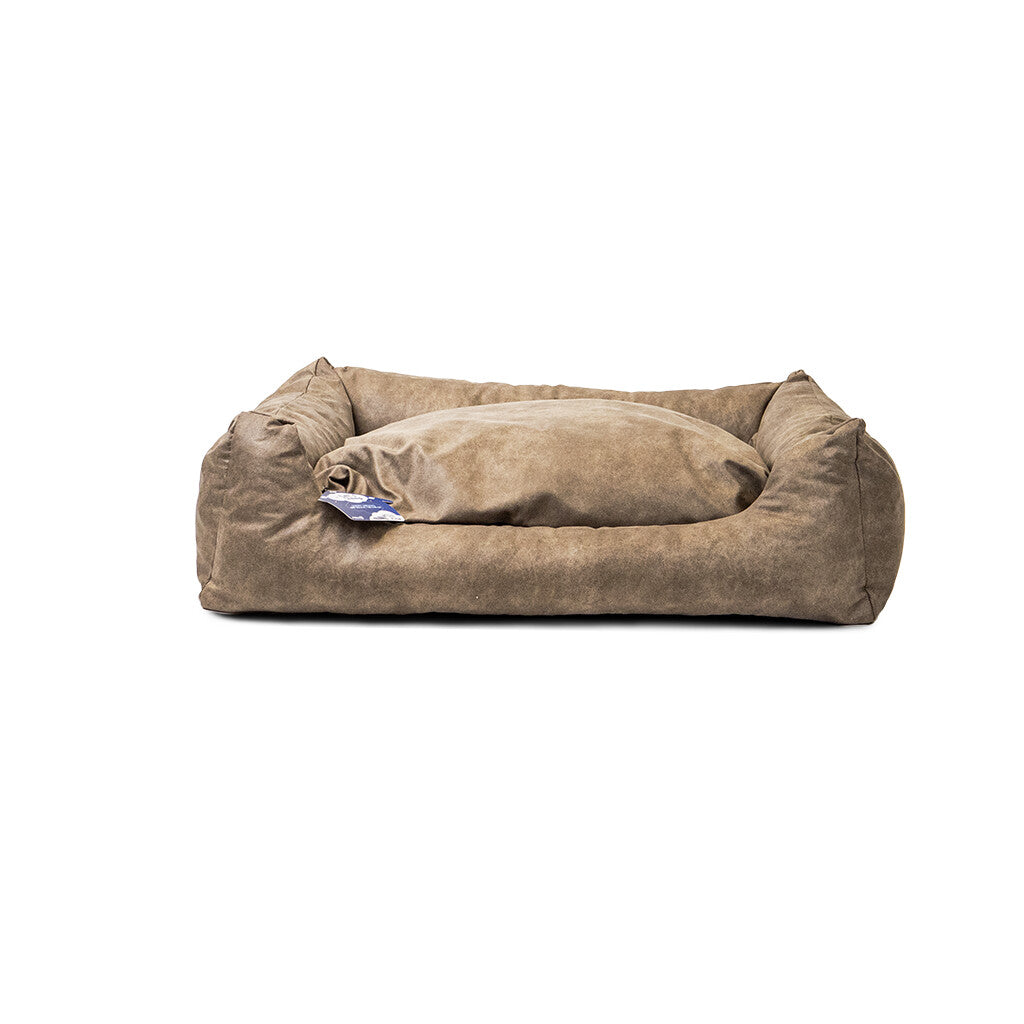 Let's Sleep Sweet Dreams Hondenmand Met Kussen in een luxe bruine stof, ideaal voor comfortabele nachten.