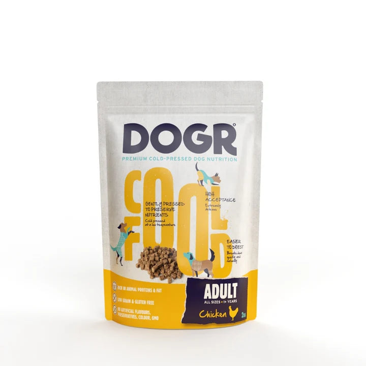 DOGR Adult Chicken hondenvoer verpakking met koudgeperste brokken voor honden.