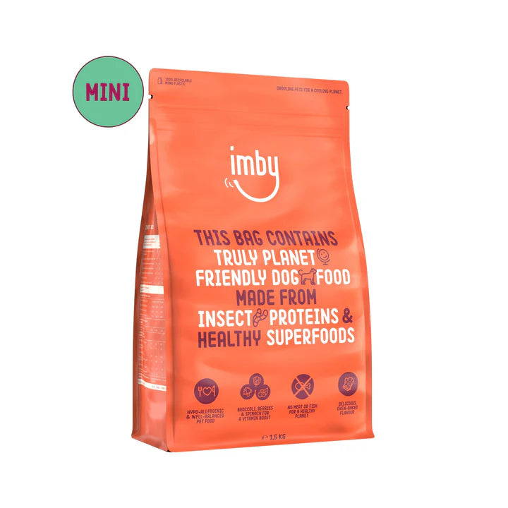Imby Hypoallergene mini hondenvoer, milieuvriendelijk hondenvoer met insecteiwitten en superfoods.