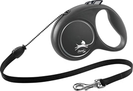 FLEXI ROLLIJN BLACK DESIGN CORD ZWART M 5 MTR TOT 20 KG, stijlvolle hondenlijn met rolmechanisme, zwart design.