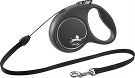 FLEXI ROLLIJN BLACK DESIGN CORD ZWART S 5 MTR TOT 12 KG, stijlvolle hondenlijn met rolmechanisme.