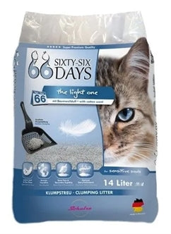 66 DAYS COTTON LIGHT KATTENBAKVULLING 14 LTR verpakking met fijn kattengrit en schepje voor kattenbak.